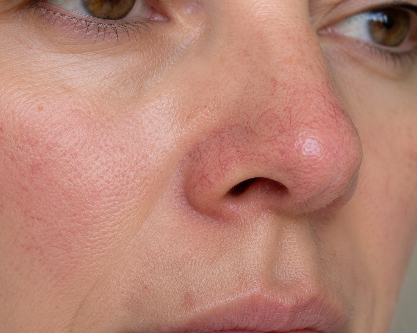 Close up of broken capillaries and visible facial veins across the nose and cheek