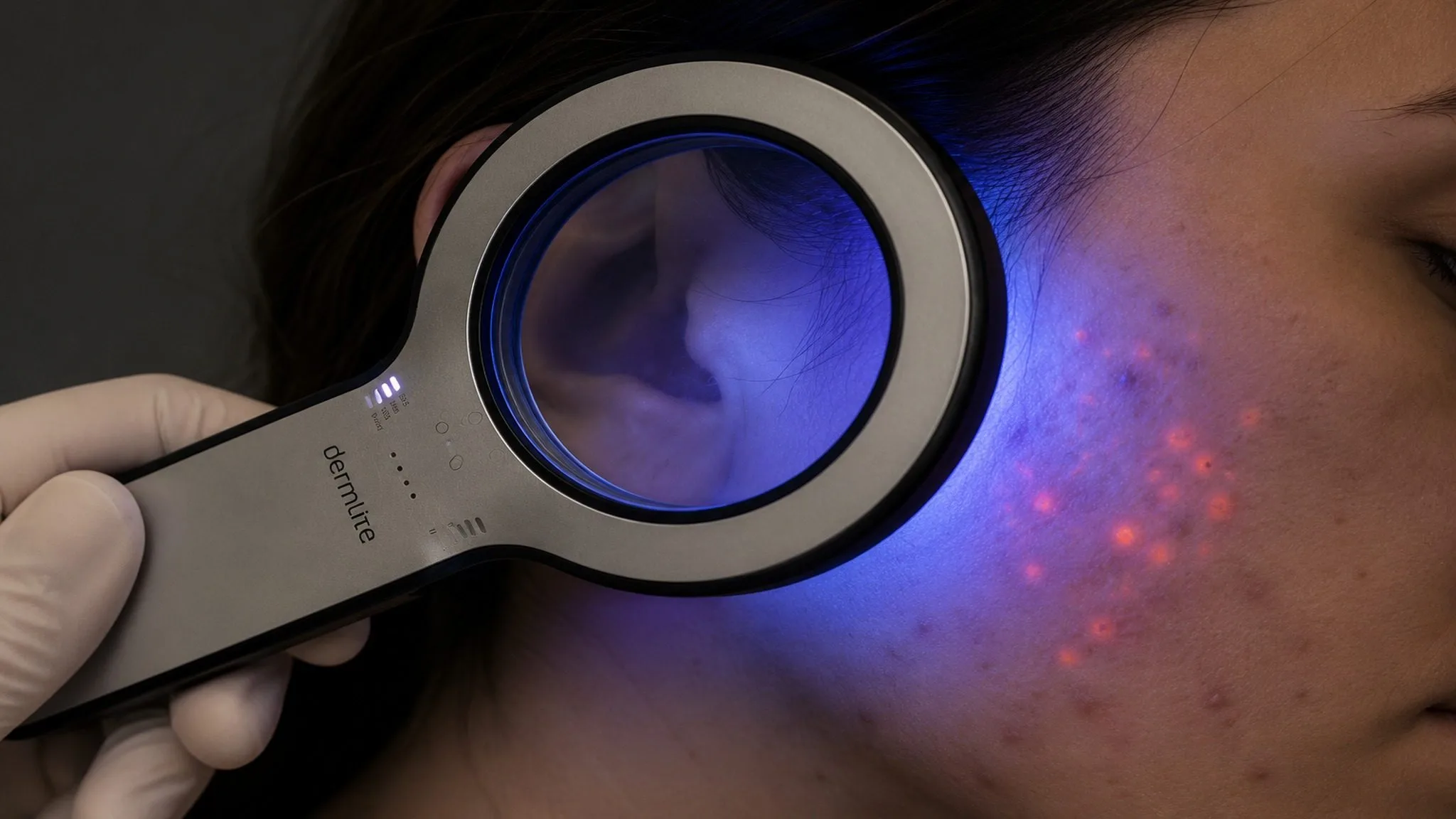 A Wood's lamp assessment of acne prone skin at Plump Aesthetic Clinic South Yarra, with UV light revealing bacterial activity and congestion across the cheek