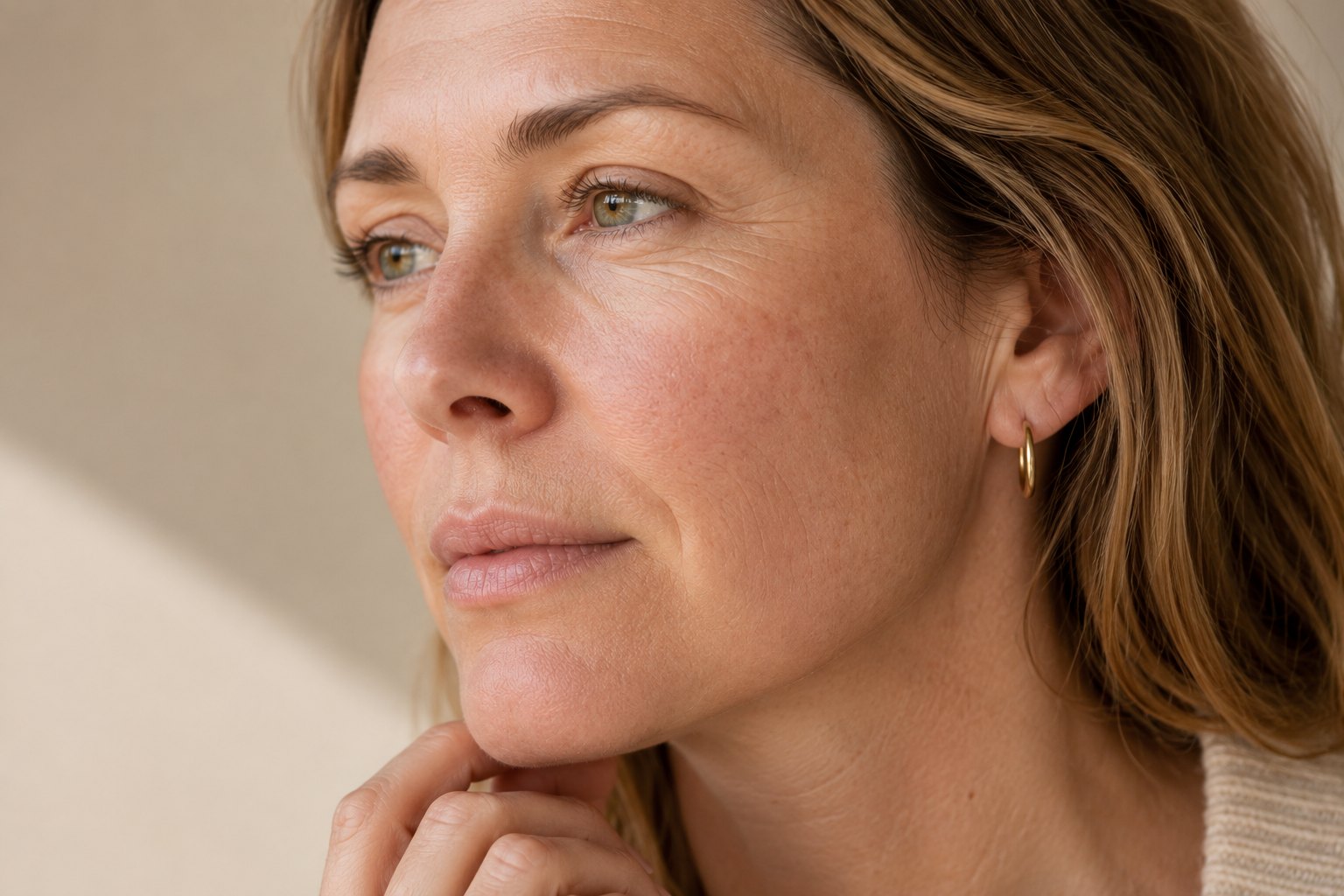 Woman in her forties showing natural facial ageing, fine lines and loss of firmness