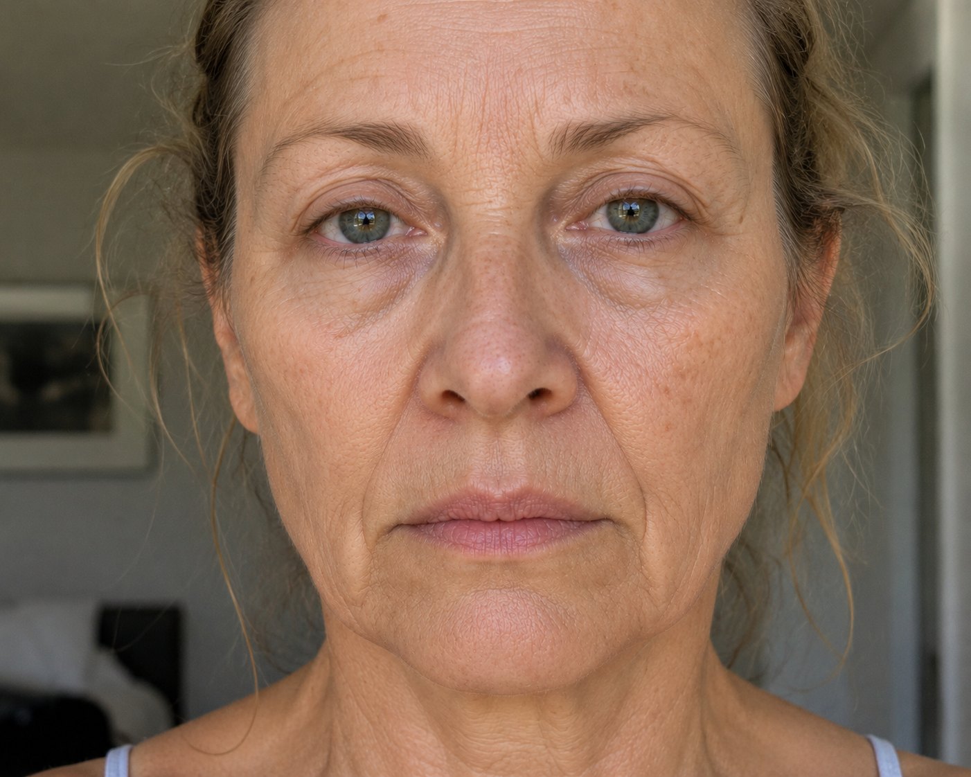 Woman showing menopausal skin changes including dryness, laxity and loss of firmness