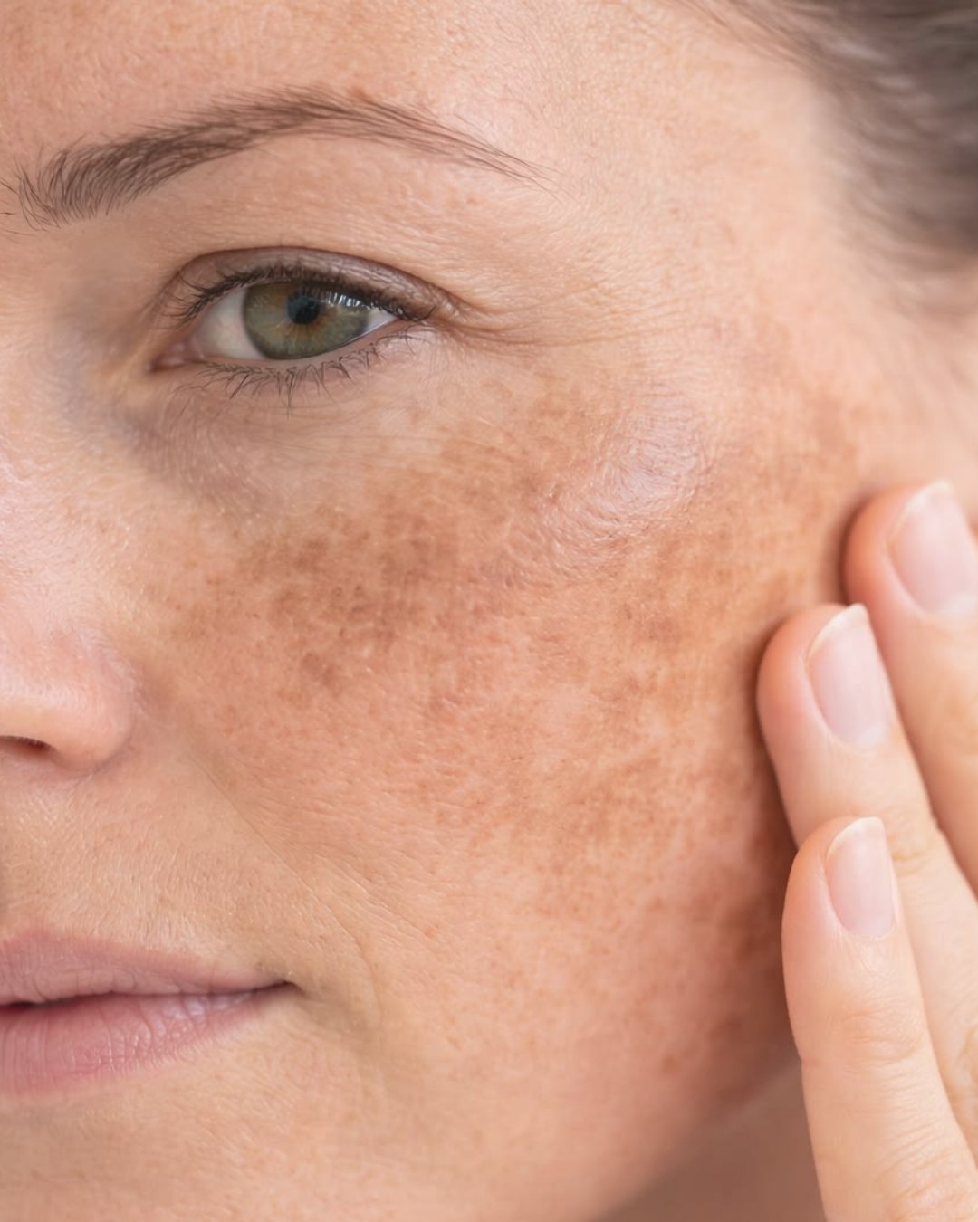 Close up of pigmentation and uneven skin tone across the cheek and under eye area