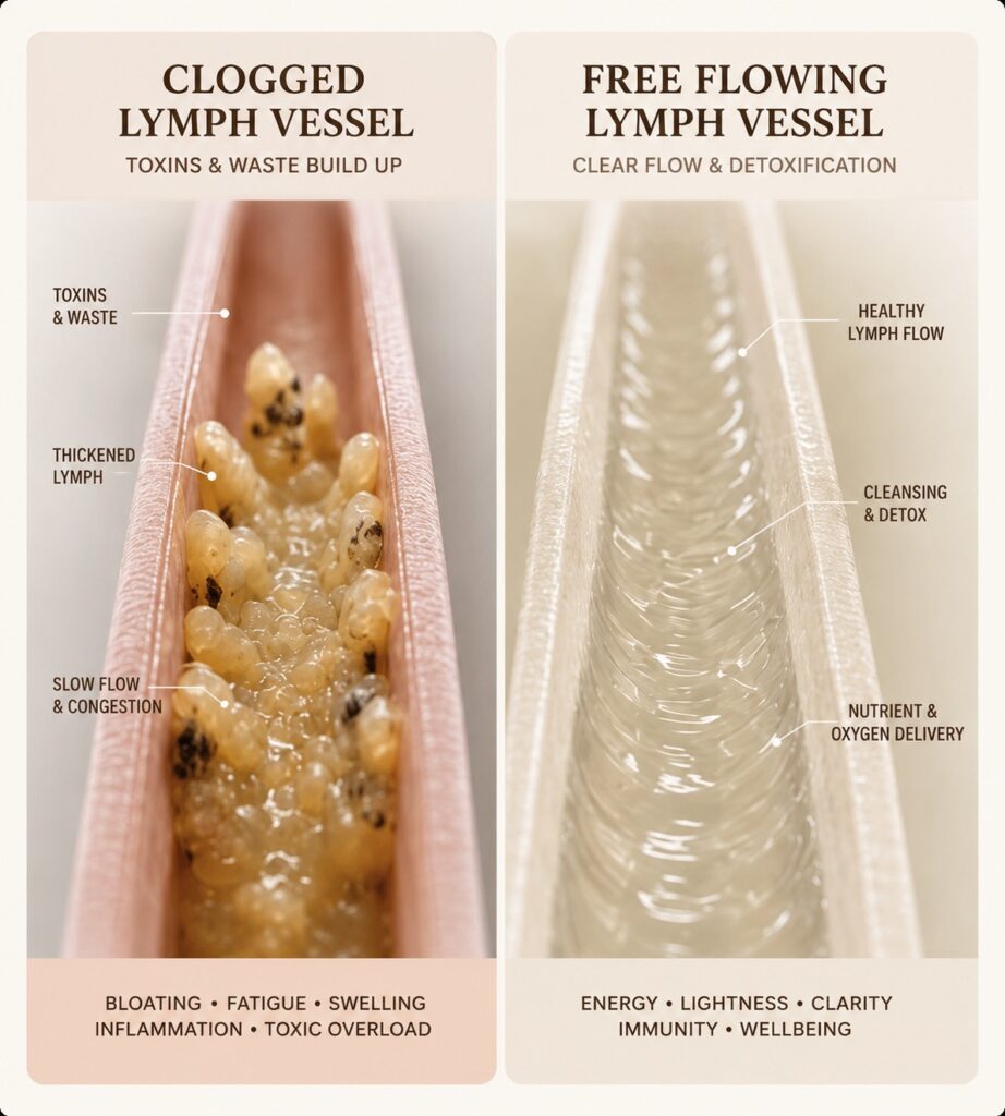 Diagram comparing a clogged lymph vessel holding thickened lymph and waste with a free flowing lymph vessel showing clear, healthy flow.