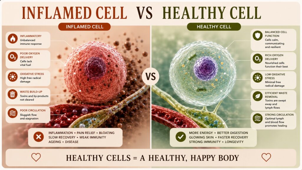 Diagram comparing an inflamed cell with poor oxygen delivery and waste build up to a healthy cell with balanced function, rich oxygen delivery and efficient waste removal.