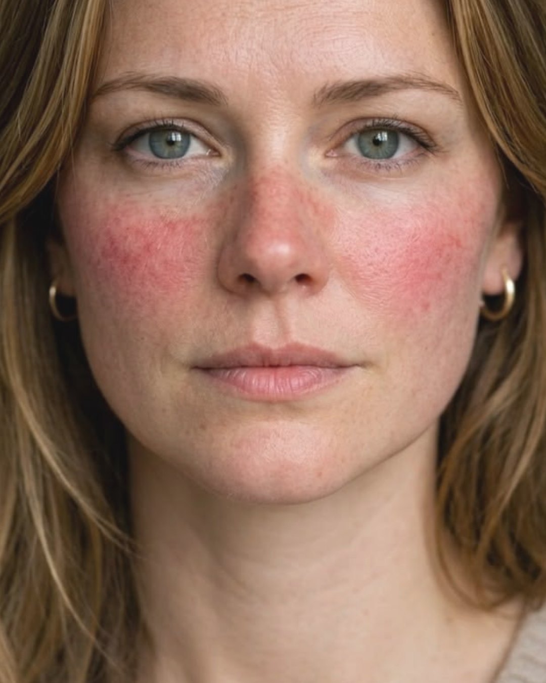 Close up of facial redness and rosacea across the cheek