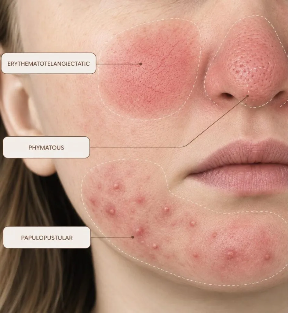 Diagram of a woman's face showing three rosacea subtypes: erythematotelangiectatic redness on the cheek, phymatous changes on the nose, and papulopustular breakouts on the lower cheek and jaw