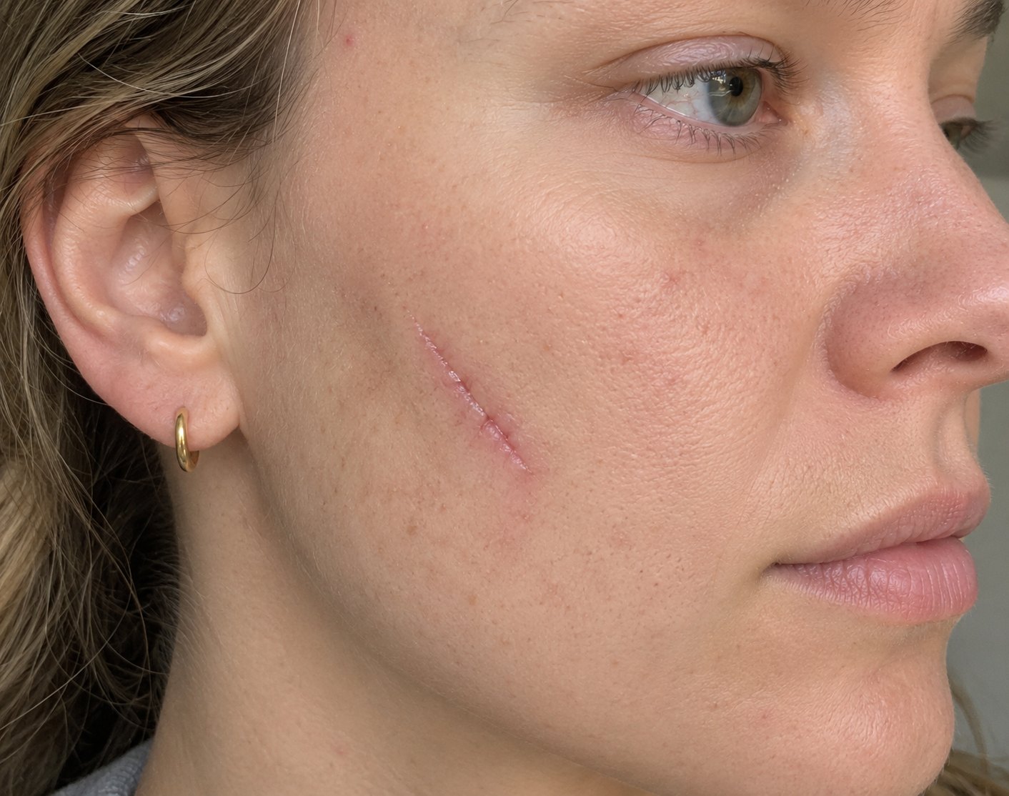 Close up of a healed facial scar on the cheek