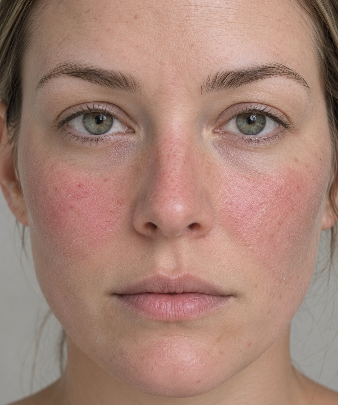 Close up of sensitive skin with a compromised barrier showing redness across both cheeks and the nose