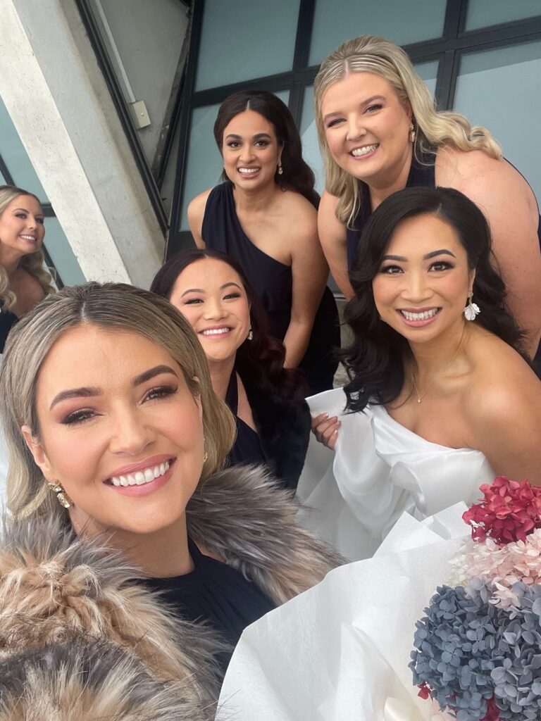 Bride and her bridal party taking a selfie together