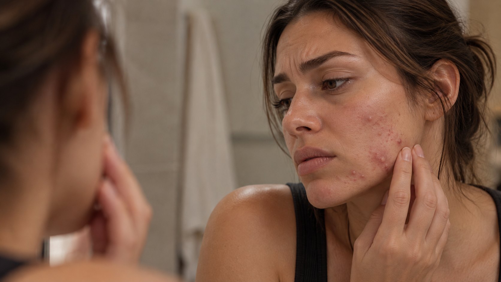 Woman checking acne breakouts on her cheek in a bathroom mirror