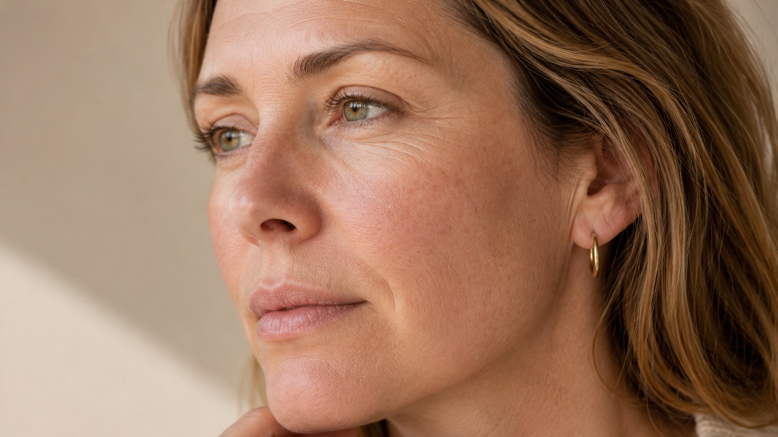 Woman with freckling and early sun spots, the kind of sun damage treated with sun spot removal and pigmentation treatment at Plump